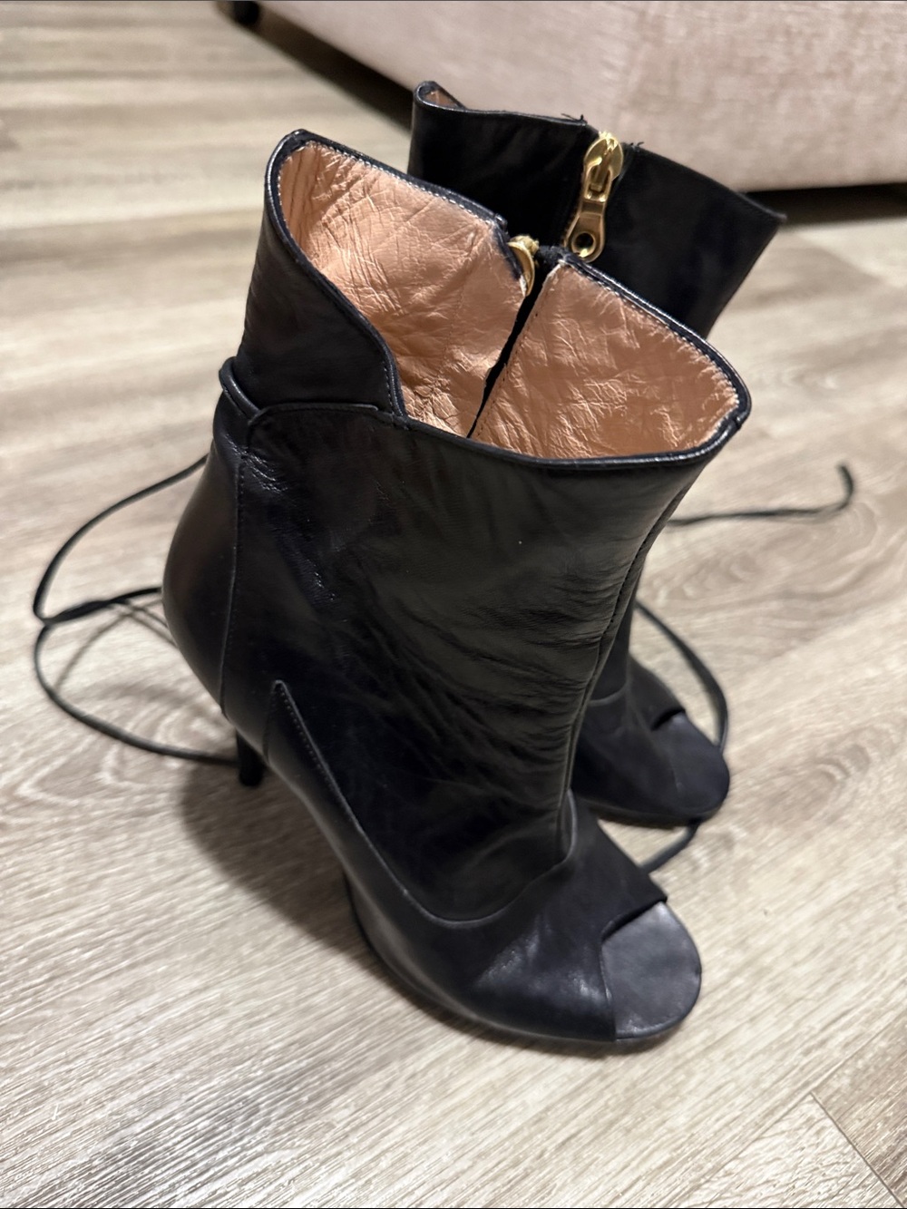 Vero Cuoio Black Peep-Toe Ankle Boots with Gold Zip Accent